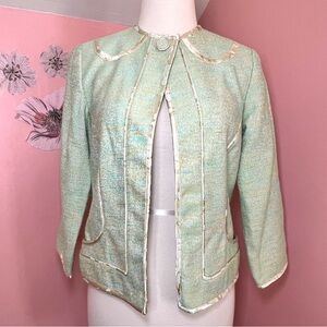 EUC Size 4 Walter Blazer Mint Green Women's Jacket Blue, White, Gold 049